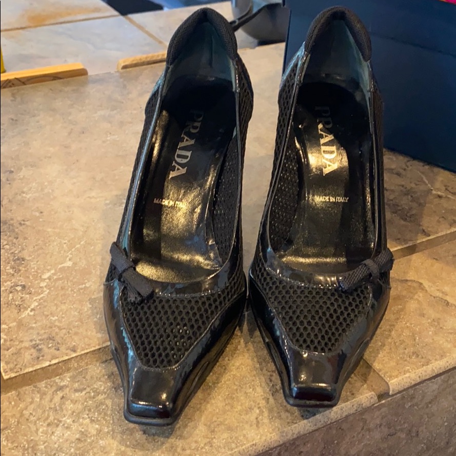 Prada Square Toed Black Mesh Shoes W/Rubber Bottom